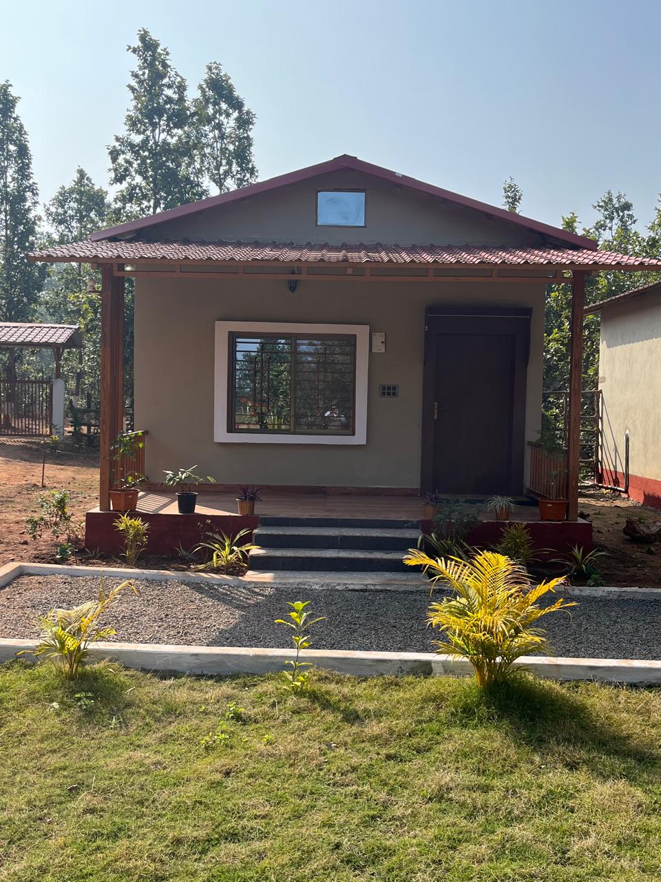 Luxury eco lodge interior with wooden furniture